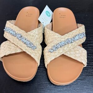 a new day Beige Braided Slide Sandals with Crystal Accent